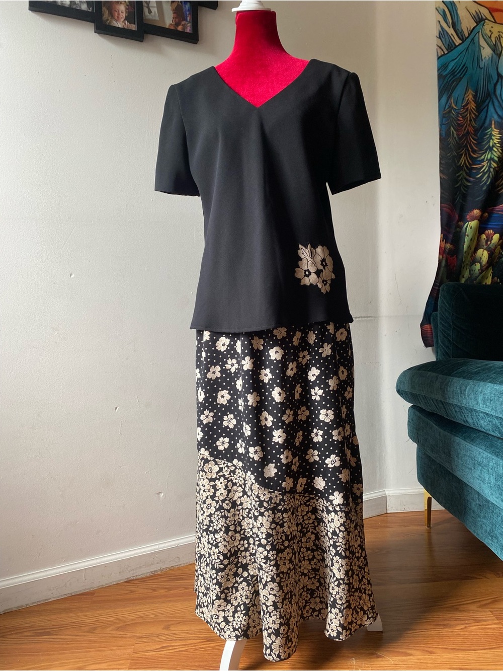 Black Floral Maxi Skirt with Matching Elegant Black & Cream Women’s Shirt